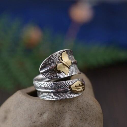 S925 Sterling Silver Antique Craft Simple Personality Feather Adjustable Size Ring
