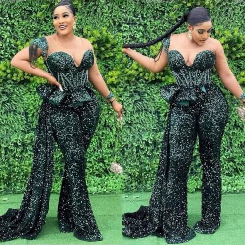 Aso Ebi Style Plus Size Prom Dresses Sheer Neck Sequined Plus Size Jumpsuit Custom Made Sheer Long Sleeves Evening Gowns