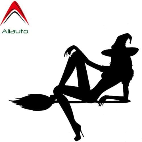 Aliauto Creative Car Sticker Vinyl Hot Sexy Female Beauty Halloween Witch Broom Accessories PVC Decal Black/Silver,16cm*13cm