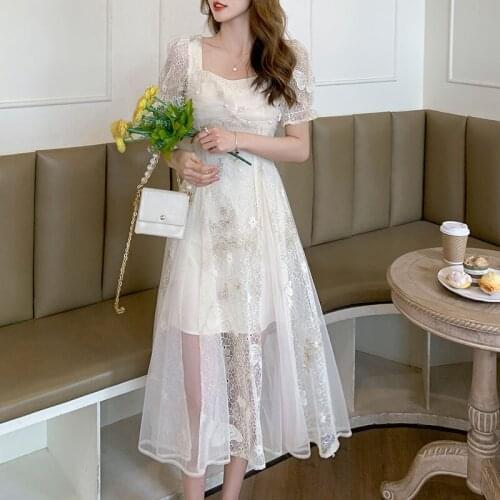 VSUE Elegant Sweet Mesh Spliced Lace Embroidery Square Collar Puff Sleeve Beaded Hollow Out A-Line Ball Gown Long Dress D3067
