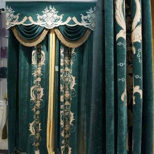 High-end luxury villa European and American green gray color velvet embroidery blackout living room finished curtain embroidery