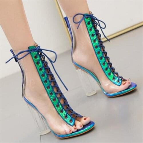 PVC Womens shoes transparent sandals cross lace fish mouth sandals 11cm thick heel Lace Up Round Toe