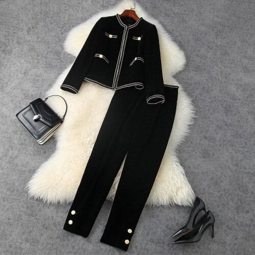 European and American womens wear 2020 winter new style Long - sleeved button coat Nine minutes of pants Fashion velvet suit
