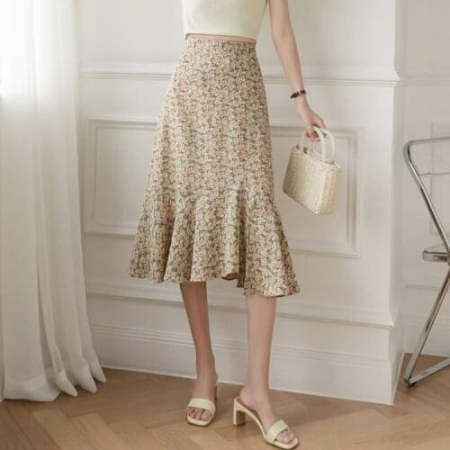 New Arrivals Vintage Floral Chiffon Womens Skirt Summer 2021 Elastic Waist A-Line Elegant Midi Ruffles Skirts For Women Korean