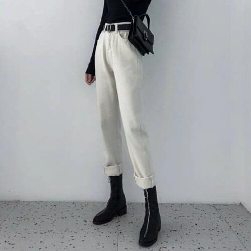 Woman Jeans Pants Beige Straight Autumn Winter High Waist Loose Harem Pantalones Vaqueros Mujer