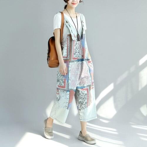 Women Denim Jumpsuits Bleached Vintage Washed Pattern Overalls Rompers Female Denim Trousers Ladies Casual Jumpsuits