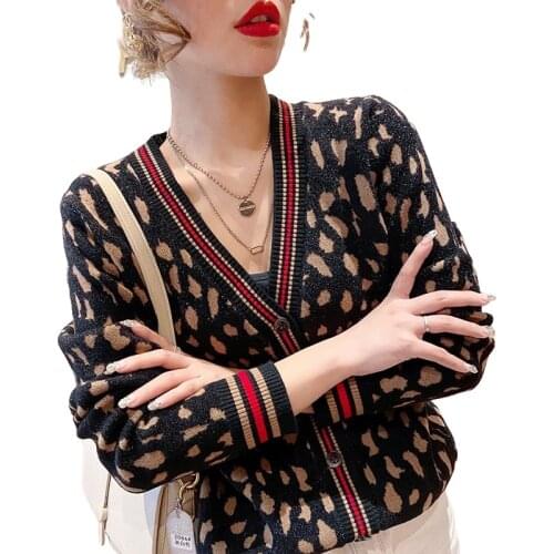 On Sale 2021 Autumn Winter Women V Neck Leopard Printed Knit Cardigan Clothes Female Casual Long Sleeve Korean Warm Sweater Tops