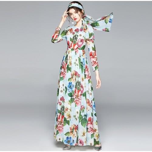 Runway Floral Print Chiffon Dress Ladies 2020 Summer Autumn Pleated Floor-length Sicilian Flower Maxi Dresses Shirt Woman Dress