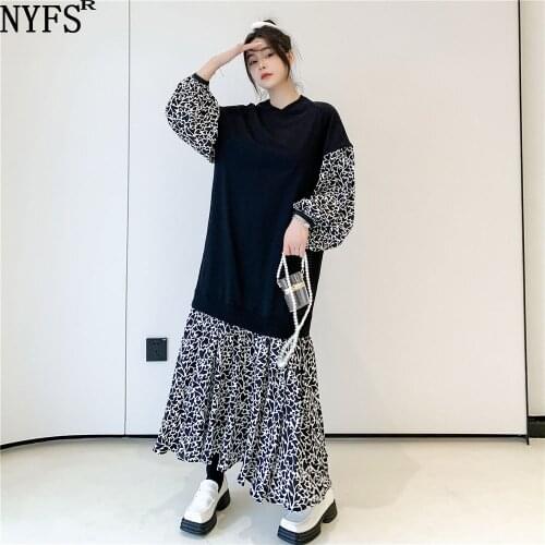 NYFS 2021 Korean New Autumn Winter Loose Patchwork Printed Woman Dress Vestidos Robe femme Fashion Elbise Hoodie Dress