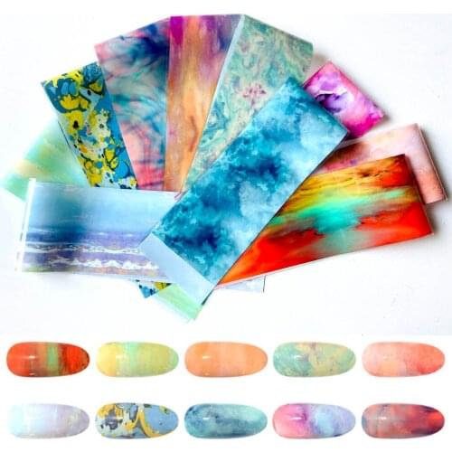 10pcs Gradient Shells Marble Holographic Nail Foil Starry Transfer Slider Sticker Set Transfer Foils 4*20cm Decal Manicure Decor