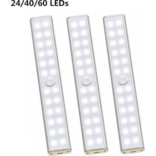 24/40/60 LEDs Under Cabinet Light PIR Motion Sensor Night Lamp USB Rechargeable Light Cupboard Closet Lamp For Closet Stairs