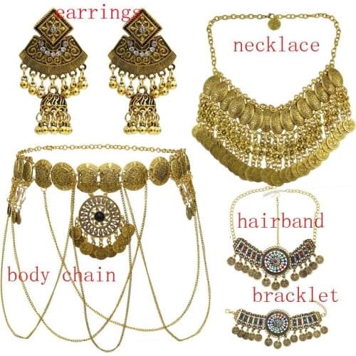 Afghan Gold Silver-color Coin Tassel Bib Body chain&bracklet Hairband Necklace & Earring Sets for Women Turkish Gypsy Party Jewe