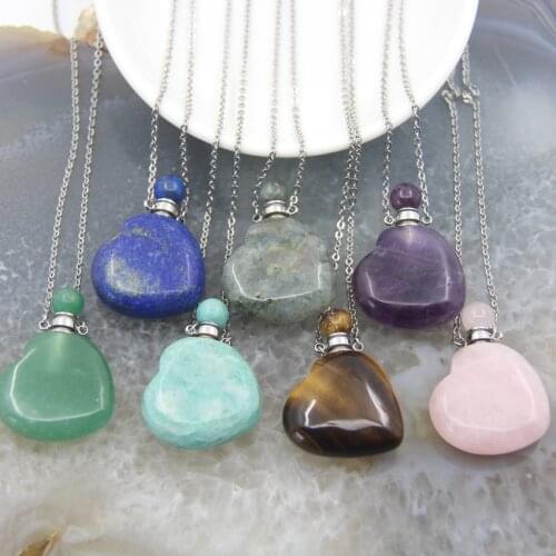 Newest Style Multiple choice Heart Shaped Perfume Bottle Charms Silvers chain Plated ,Natural Gems Quartz Pendants Necklaces