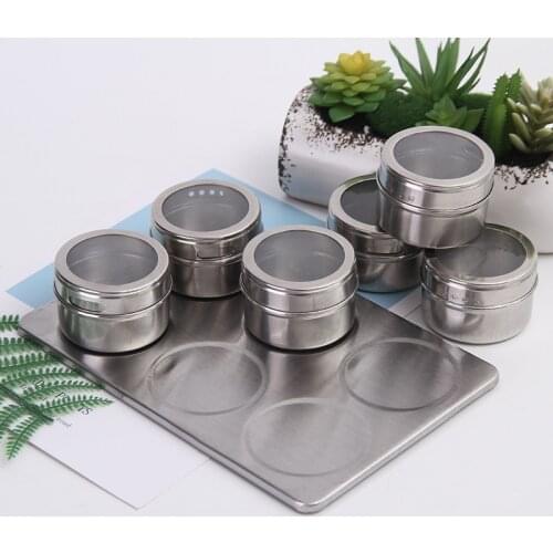 Magnetic Spice Jar Set with Wall Mounted Rack Stainless Steel Spice Tins Seasoning Containers Pepper Seasoning Sprays Tools