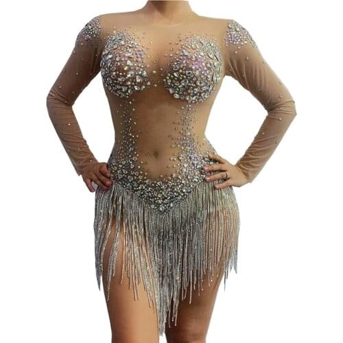 Shining Silver RhinestonesTassel Crystal Bodysuit Sexy Mesh Transparent Leotard Women Birthday Party Dress Singer Dance Costume