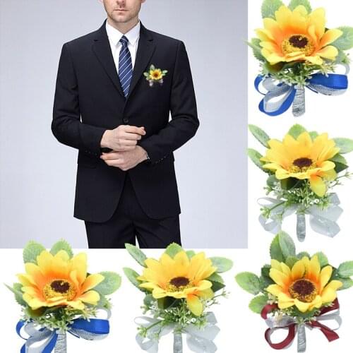 Artificial Silk Sunflower Wrist Corsage Bracelet Bridesmaid Boutonniere Women Men Wedding Yellow Flowers Party Flower Decoration