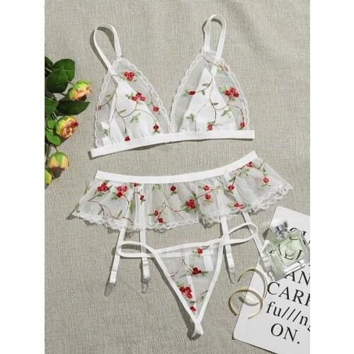 Cute 3PCS Sexy Embroidery Lingerie Set Women Underwire Underwear Sets Ladies Hollow Bra UnderPant Garter Sets