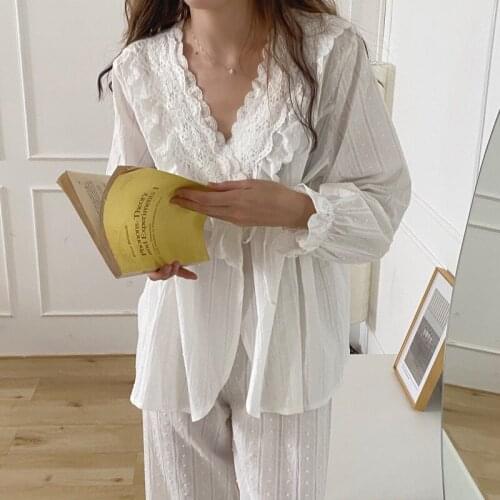 Korean Autumn Lace Elegant Pure Color Cotton 2021 Pajamas Women Cotton Sweet Palace Style Pajamas Set Home Clothes