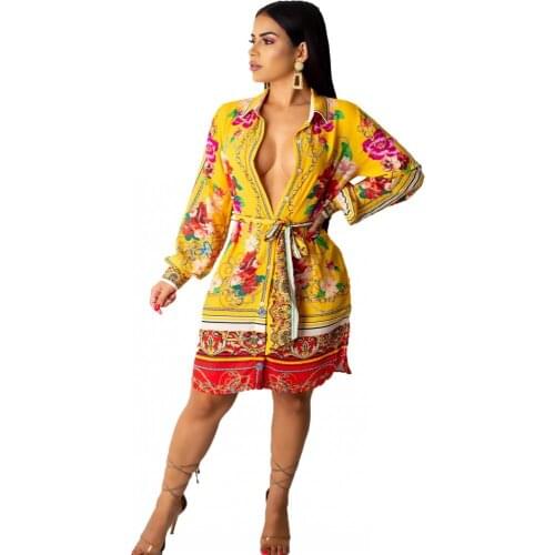 Fashion Floral Print Long Sleeve Turn Down Collar Casual Midi Shirt Dress For Women Beach Party Knee Length Dress Mujer Vestido