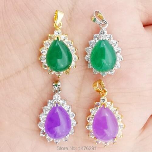 Charm 15X18MM Green Violet Drop Jades Stone Hollow Cutting Inlaid Rhinestone Pendant 1PCS