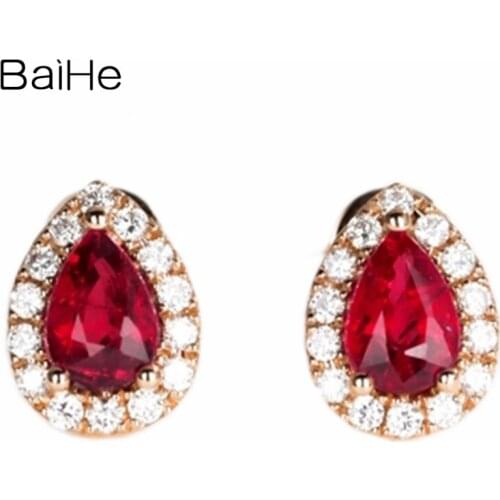 BAIHE Solid 14K Rose Gold 1ct Pear cut No Main Stone Fine Jewelry beautiful Pear Semi Mount Stud Earrings For Women