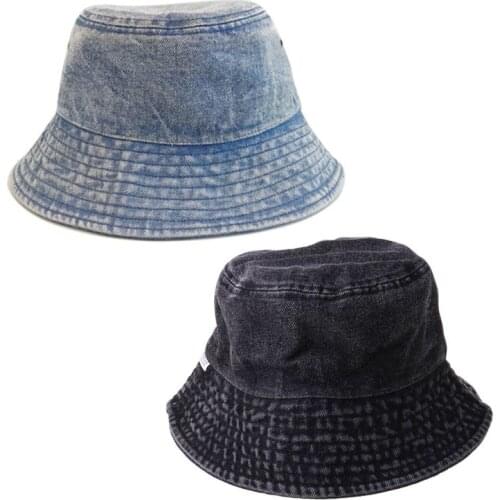 Unisex Vintage Washed Denim Cotton Bucket Hat Harajuku Hip Hop Wide Brim Sunscreen Breathable Eyelet Foldable Panama Cap 28GD