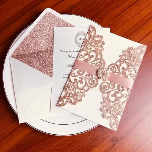 50x Pink Gold Glitter Invitations for Wedding Party, Floral Gold Silver Red Champagne Bridal Shower Invites with Rhinestone Gree