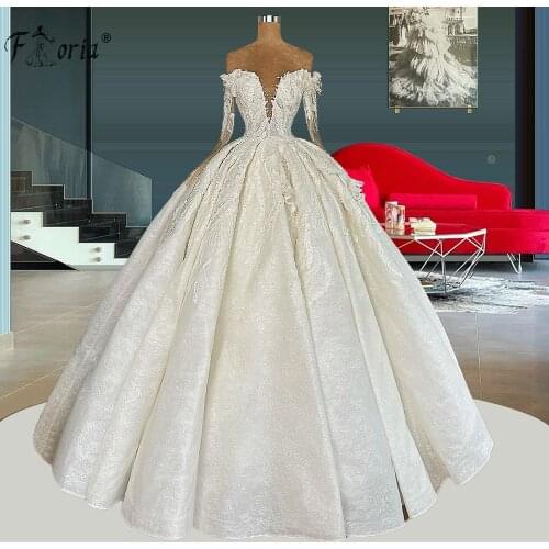 Luxury Beaded Wedding Dress 2021 Off the Shoulder Long Sleeve Applique Lace Ball Gown Plus Size Vestido De Noiva