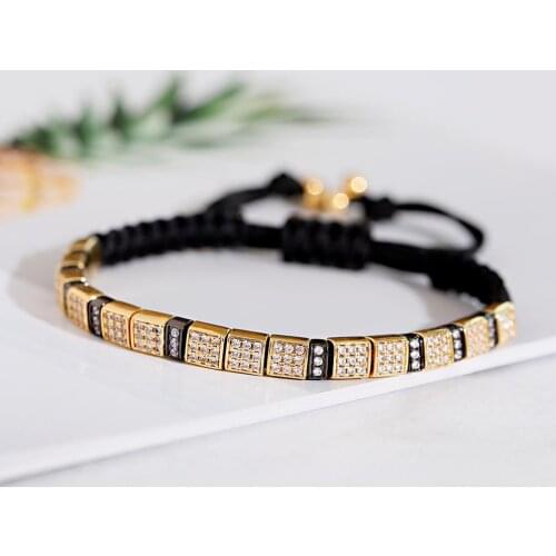 Luxury Mens Fashion Gold Color Bracelet Square Copper Inlaid Zircon Silver Color Hand Woven Adjustable Bracelet 2020 Jewelry