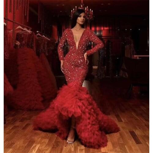 Sexy Women Dresses Long Sleeve Red V-Neck Sequin Fishtail Bodycon Maxi Long Dress Party Dress