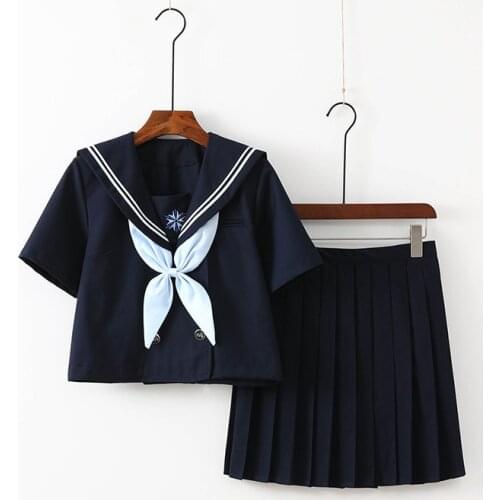 Navy blue JK uniform Autumn Summer Short/long Sleeve Japanese School Uniforms For Girls Sailor Pleated Skirt JK Sets Uniform XXL
