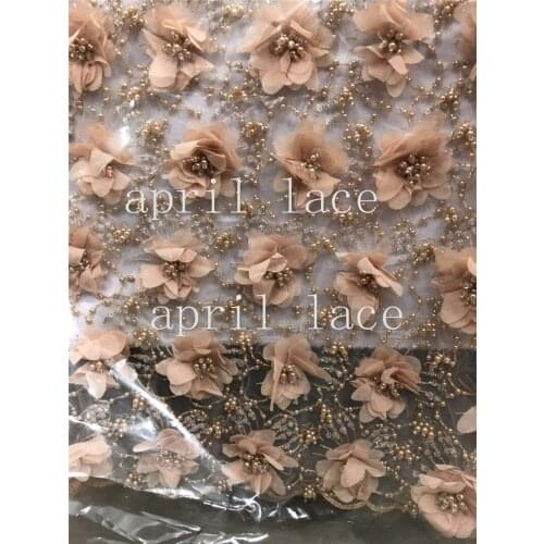 Stock de002# 5 yards gold pearls 3d peach flower beads african luxury embroidery net tulle lace for bridal wedding dress