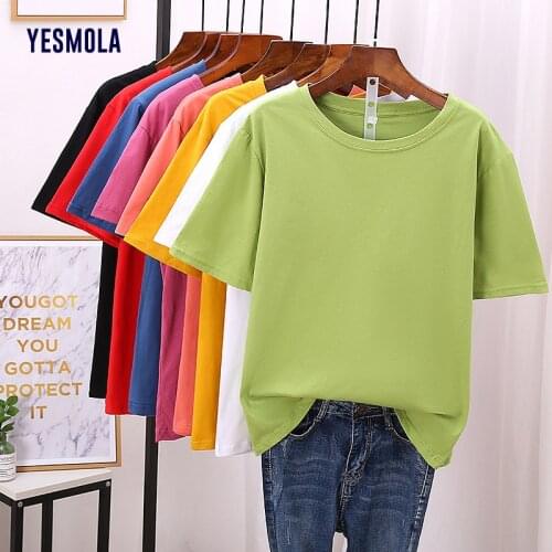 YESMOLA Solid Colors Womens T-shirt 100% Cotton Casual Loose Basic Short Sleeve Tee Tops Female Korean Style T Shirt Plus Size
