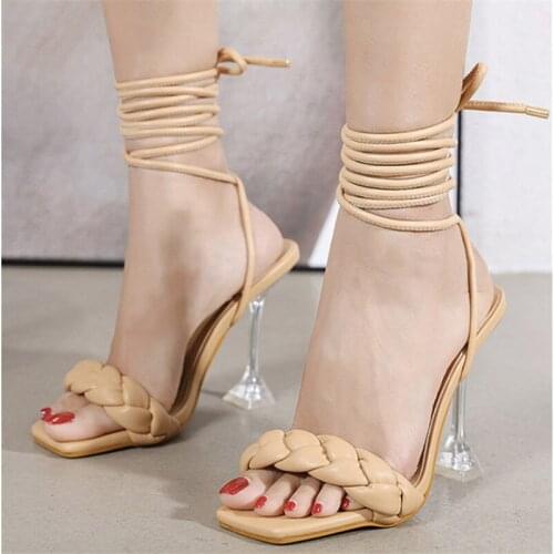 European and American style ladies sandals strappy sandals and slippers square toe fashion solid color large size high heel sand