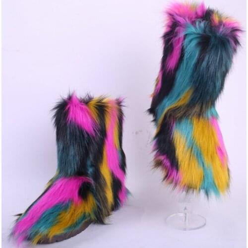 New Womens Outdoor Snow Boots Imitation Fur Cotton Boots Fashion Ladies Warm Cold Proof Plush Faux Fur Shoes Girl Furry Boots