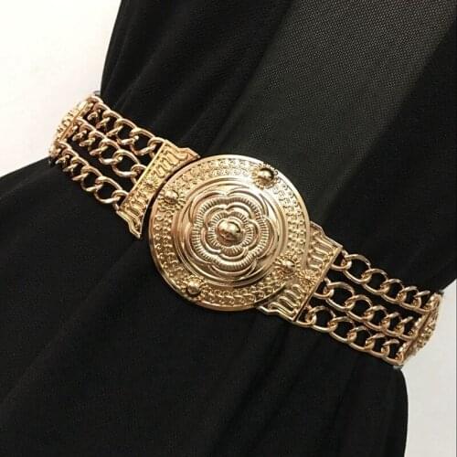 2021 Women Flower Waist Belts Fashion Ladies Floral Elastic Wide Gold Metal Belt For Dress Female Golden Chain Belt Girls
