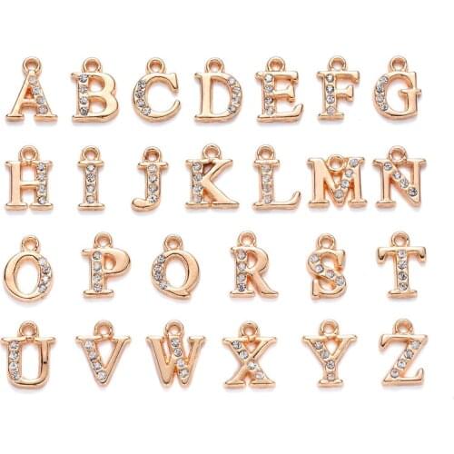 26pcs/pack A-Z Letter Gold Alloy Crystal Rhinestone Charms Alphabet Jewelry Bracelet Chain Keyring Initial Handmade Pendant