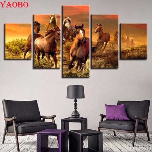 5 Pieces Diamond Painting Running horse Cross Stitch DIY Diamond Embroidery animal Full Square Round Diamond Mosaic Home Decor