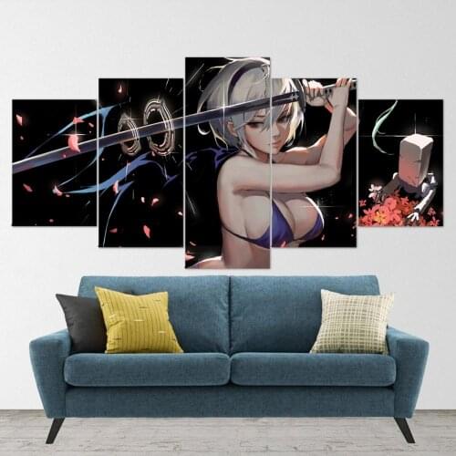 5 Piece Wall Art Canvas Anime Game Poster Sexy Bikini Girl Katana Figure Picture And Prints Modern Room Decoration Paintings