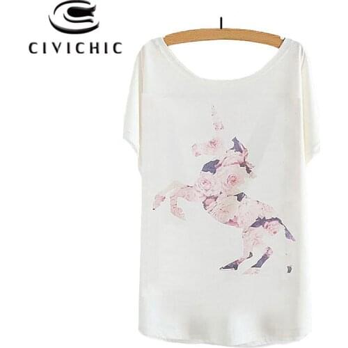 CIVI CHIC Girl Summer Cute T Shirt Women Bat Sleeve Loose Tops Floral Unicorn Print Tee Shirt One Size Round Collar Tshirt WST69