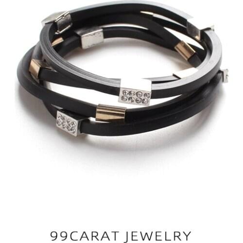 Nine nine carat European and American fashion flash Diamond Black Leather Bracelet Ring Jewelry Chain trend personality (GK)