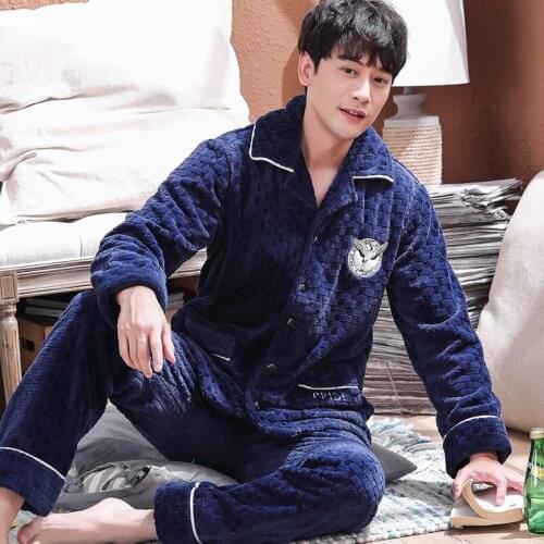Flannel Flano Man Boy Turn-down Collar Button-Down Winter Pajamas Home Warm Suit Casual Sleepwear Nightwear cute Pajama Sets HDE