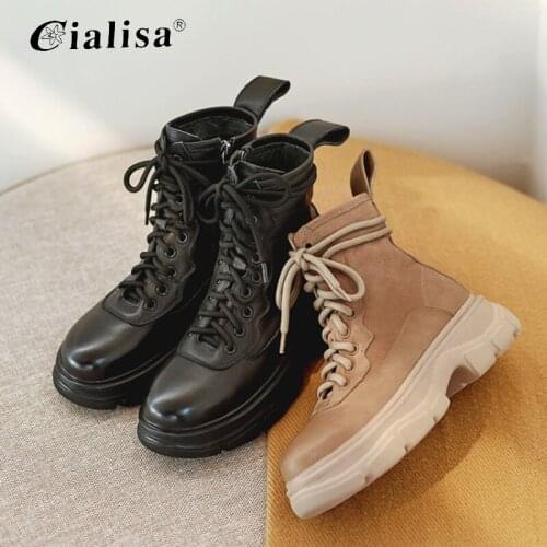 CIALISA Platform Shoes New Design 2020 Fashion Chunky Heels Boots Genuine Leather Lace Up Round Toe High Heel Ankle Boot Women