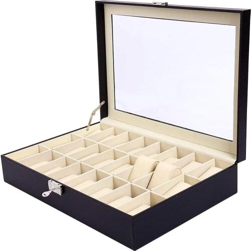 24 Slot PU Leather Watch Box Watches Case Jewelry Display Storage Organizer Box With Key & Lock Glass Top Gift For Men Women