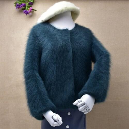 Top majur causal o-neck long sleeves solid jackets mink cashmere Lined and double side pockets rabbit fur sweater coat kniwear