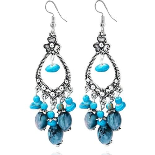 Megin D Silver Plated Boho Retro Vintage Long Turquoise Stone Tassels Flower Stud Piercing Drop Hook Earrings for Women Jewelry