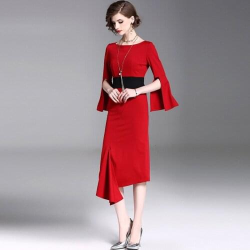 MLCRIYG New Spring Red Dress Female Elegant Office Bodycon Dress Long Slim Dresses For Women Clothing Vestido Sexy YQ008