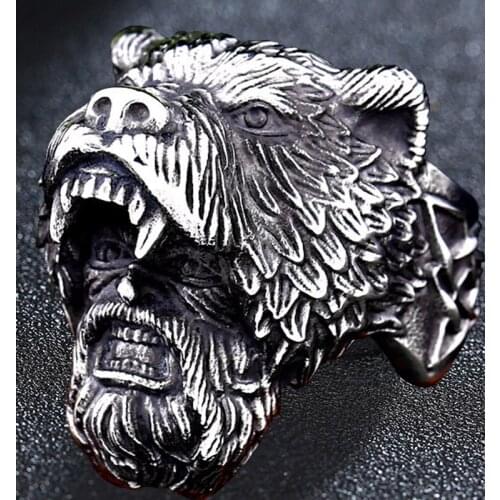 Mens 316L Stainless Steel Silver Color Viking-Bear Warrior Biker Rings Vintage Punk Vikings-Nordic Jewelry