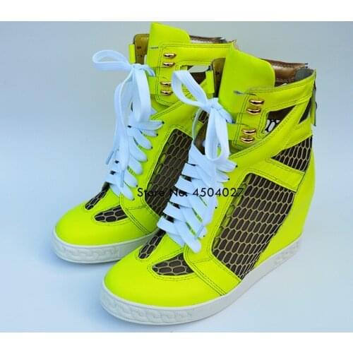 Newest lace up ankle boots high heels wedges boot height incleasing shoes woman round toe cut out booties mujer sapato feminino