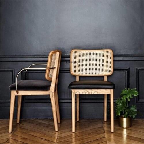 Custom Dining Chairs for Kitchen Chinese Solid Wood Nordic Luxury Coffee Wrought Iron Backrest Leisure Chair Rattan Armchair mc